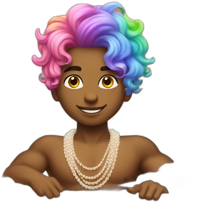 posh-muscle-boy-with-pearl-necklace-and-rainbow-unicorn-hair-in-golden-bathtub emoji