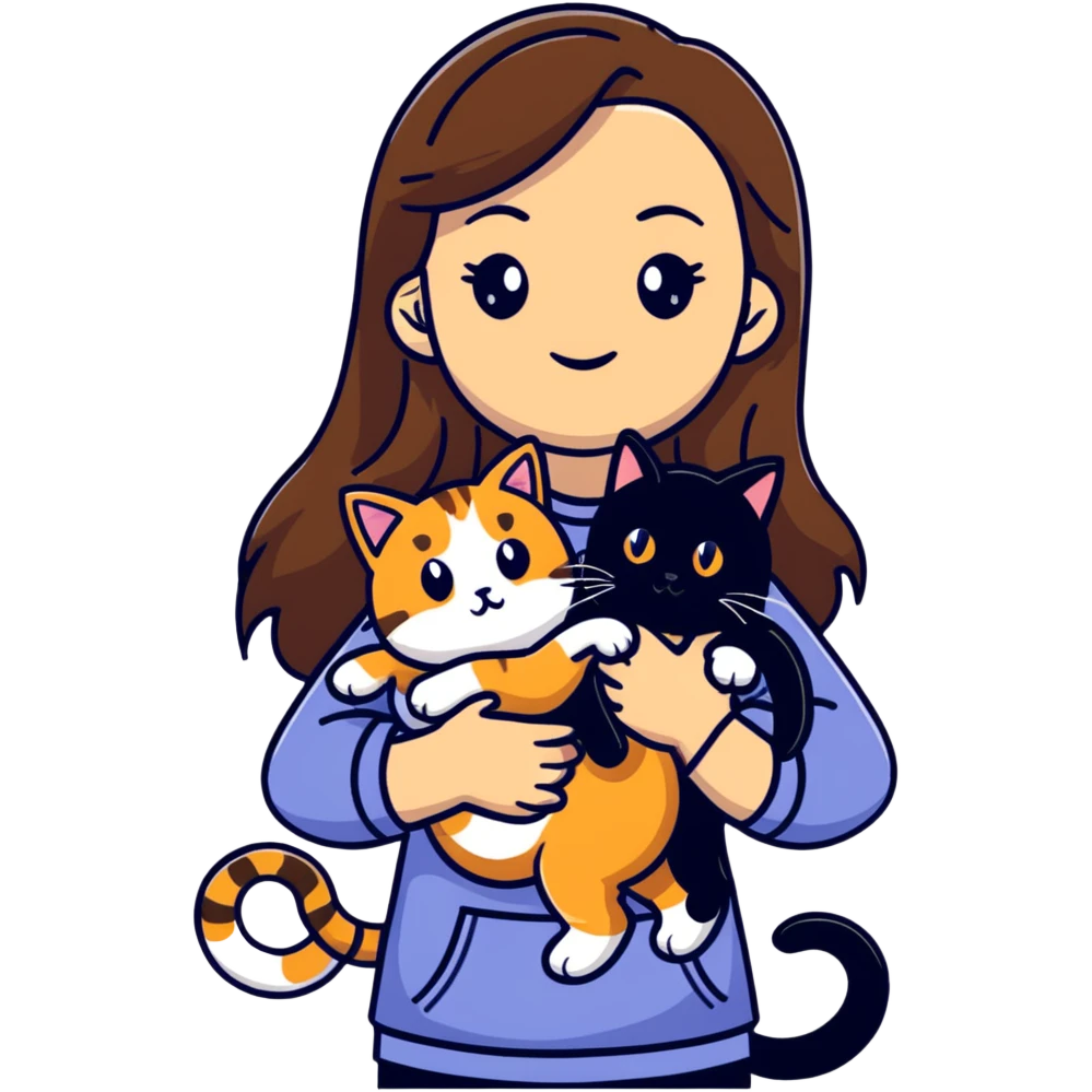 tan girl with long brown hair holding two cats, one black cat and one grey-striped cat emoji
