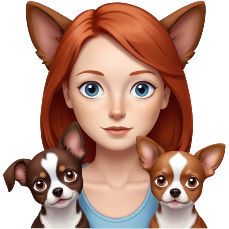 Woman with red, shoulder-length hair, gray-blue eyes, and freckles
4 Chihuahuas: one chocolate tan, one chocolate merle, one black and white, in brown and black emoji