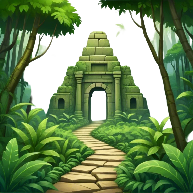 Icon for Adventure Movie: A vintage movie poster-style design with a jungle clearing path, dense foliage surrounding it. In the distance, ancient ruins peek through the trees. The atmosphere is mysterious and adventurous, with soft light cutting through the trees. Transparent background. emoji