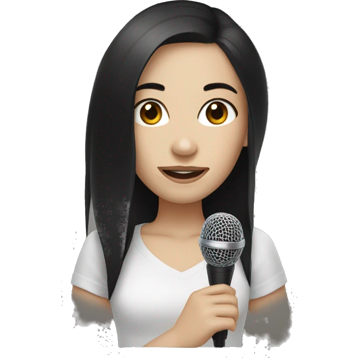 Girl with pale white skin, brown eyes, black hair holding out a microphone  emoji
