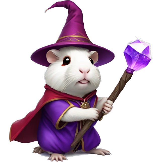 white guinea pig with red eyes wearing purple wizard clothes and holding a magical staff with a magical purpl crystal inside emoji