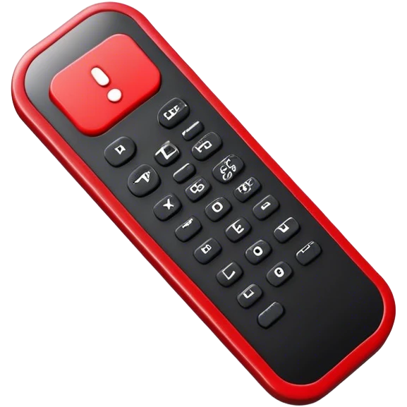 One big black tv remote control with red border, frontal face in  2 dimensions. The remote control have to have 4 buttons in black and one big one in red and the play sign. Use sticker model emoji