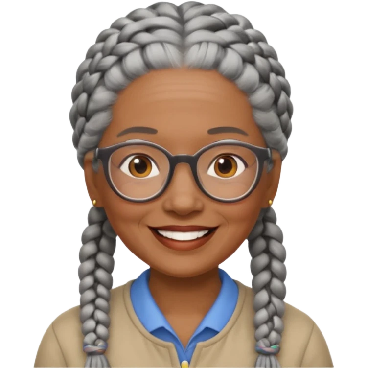 Older woman of color with gray braids, glasses and smiling emoji