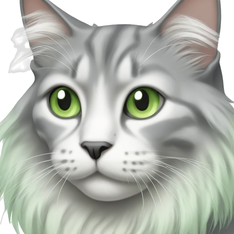 grey and white long haired cat with pale green eyes emoji
