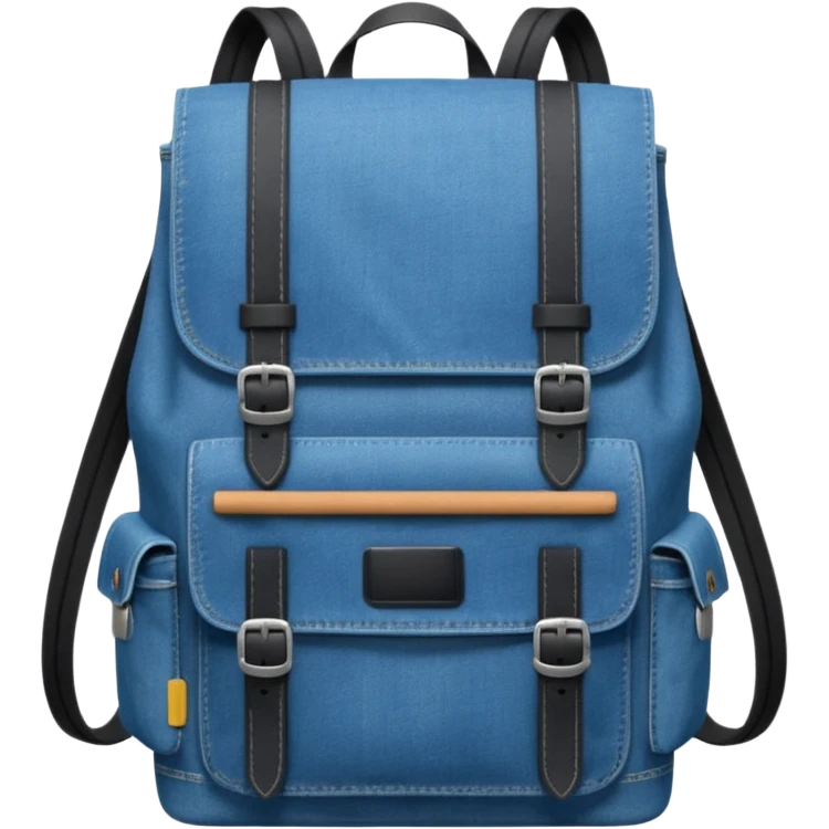 a blue denim backpack with a flap top, two vertical *black buckle straps* on the front. The backpack has two side pockets and a soft square shape. 

 emoji