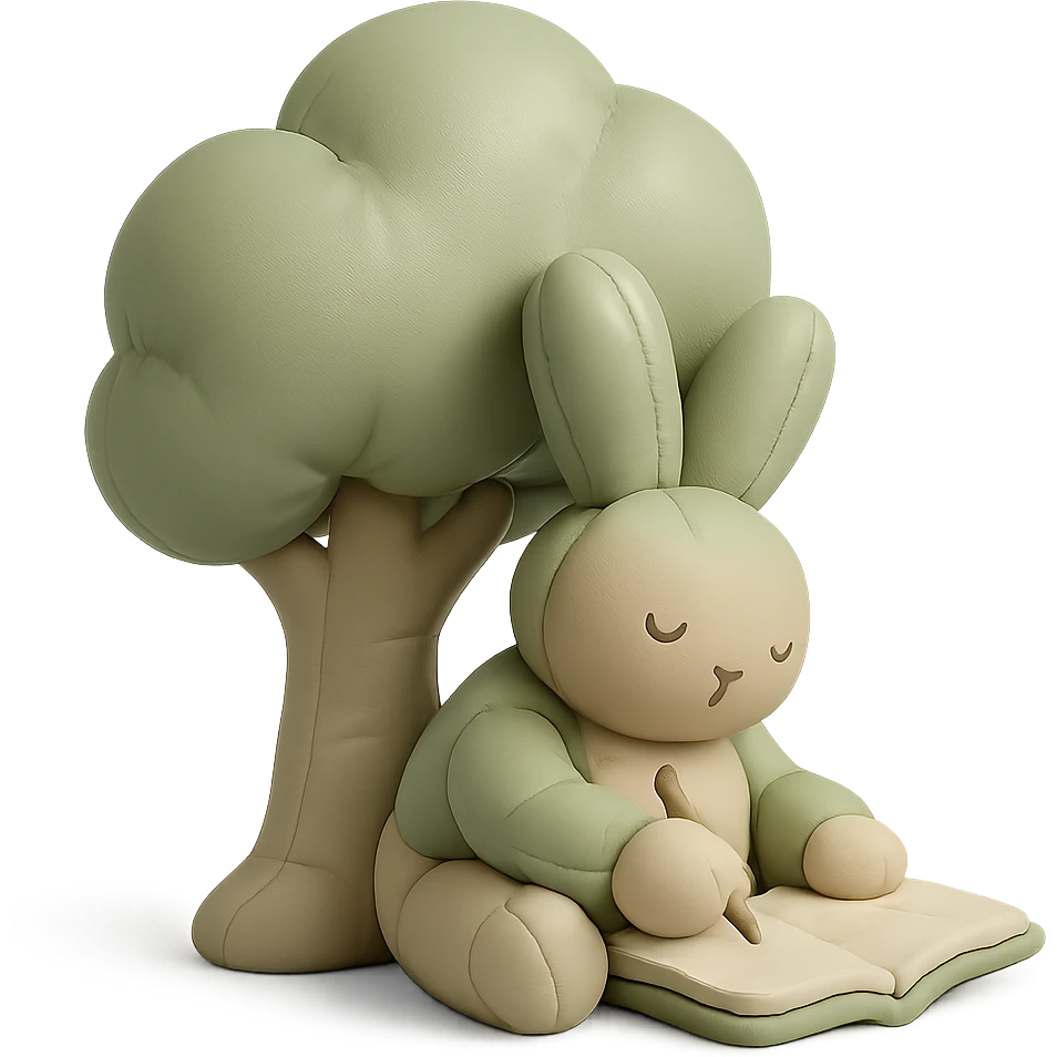 rabbit writing in a journal under a tree, pastel green and beige, cushion style emoji