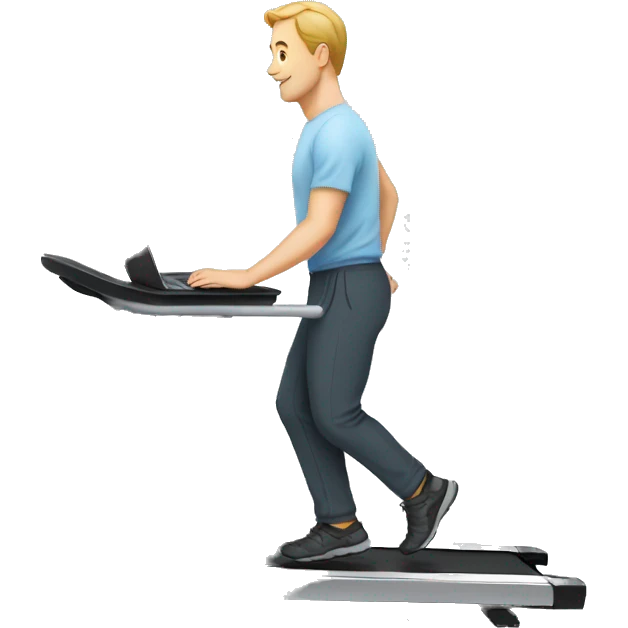 White Man with laptop on desk walking ob treadmill emoji