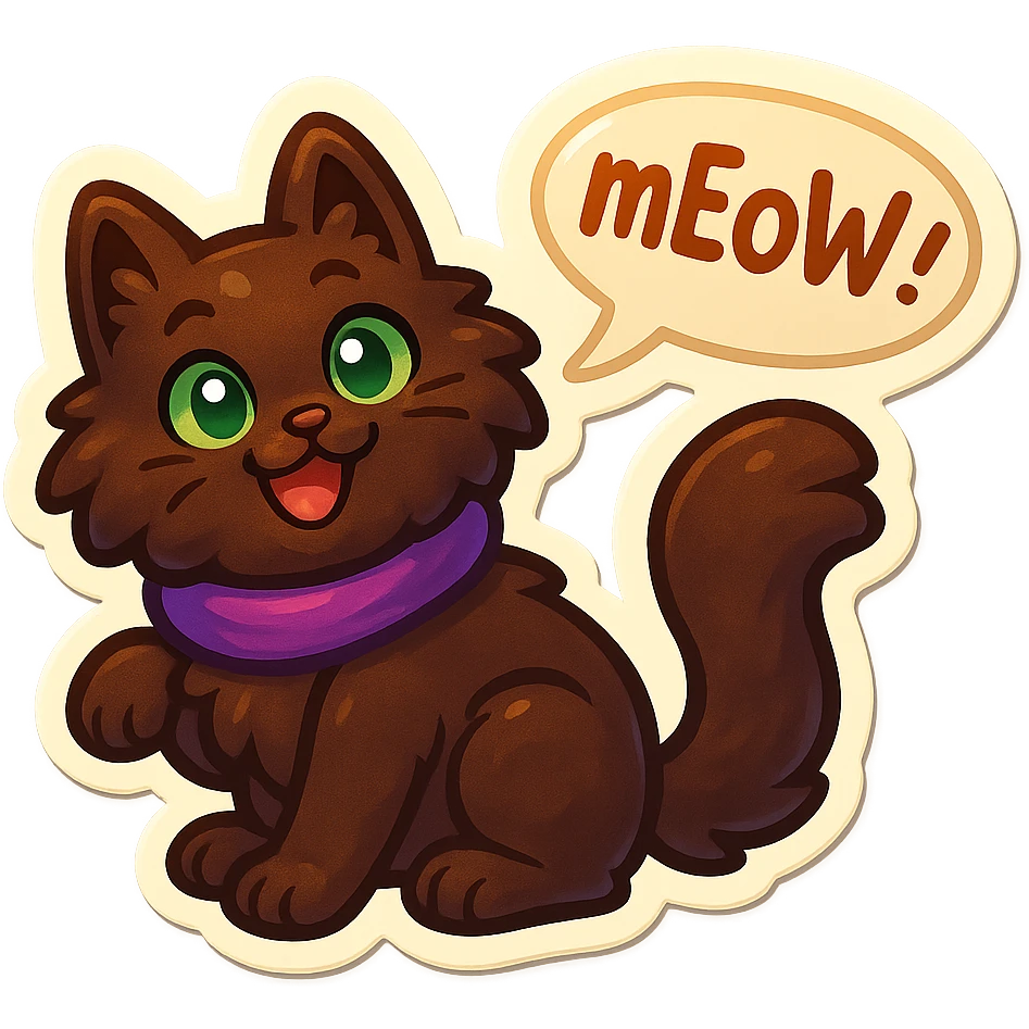 Fluffy cute playful silly smiling happy dark-brown cat with green eyes and a purple scarf saying ‘mEoW~!’ (With a speech bubble) emoji