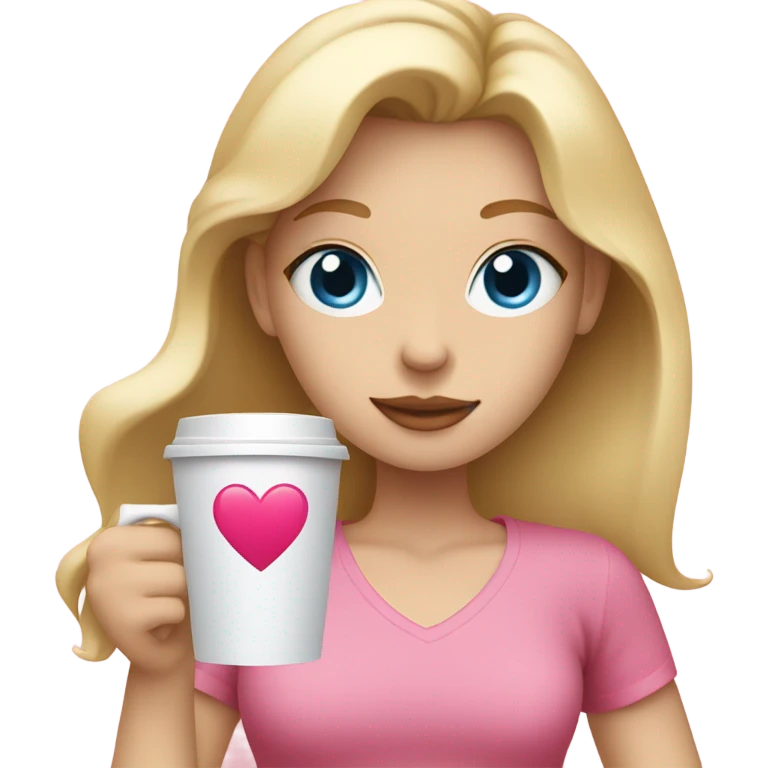 Girl with blonde hair and blue eyes holding a coffee with a heart on it wearing a pink top emoji