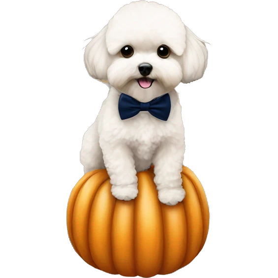 alricot maltipoo sitting on large pumpkin wearing a navy blue bow tie  emoji