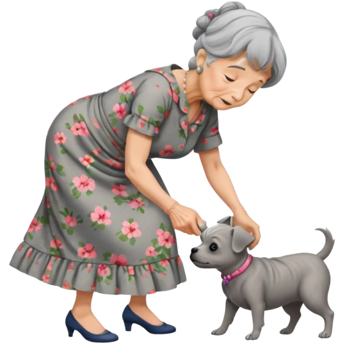Old woman bent over from waist to floor trying to pick up dog emoji