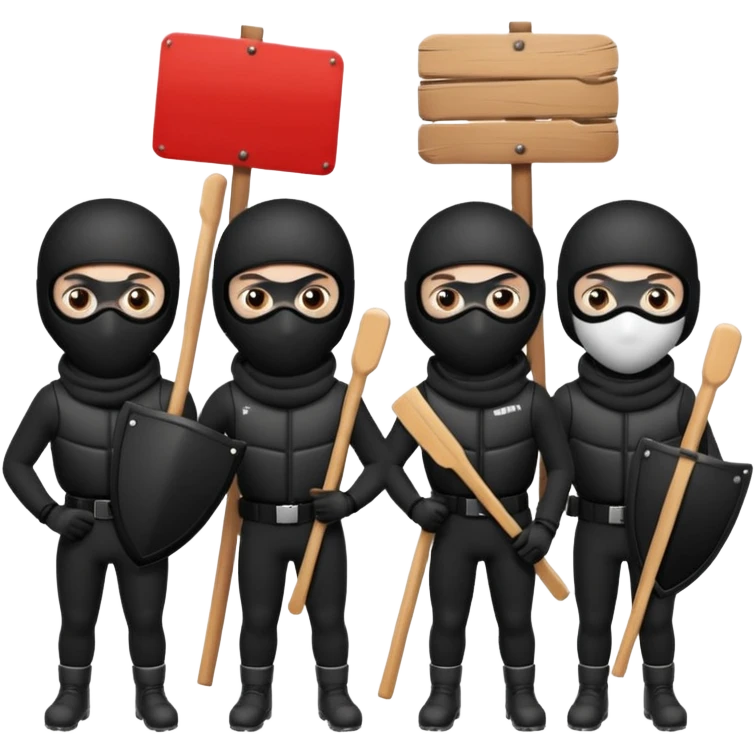 Ski mask people wearing black holding shields and signs emoji