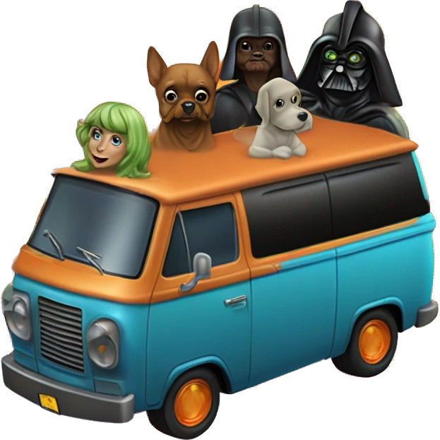 Darth Vader’s and Scooby Doo’s, Velma, Shaggy, Daphne, and Fred’s mystery machine ghost hunters van with holographic flames  emoji