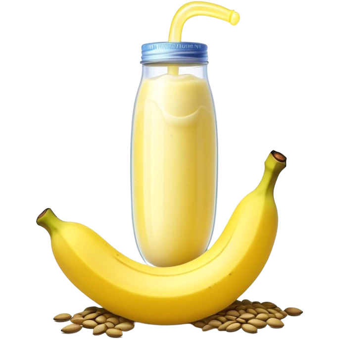 Ethereal glowing banana with celestial protein shake bottle emitting sparkles and magical floating sunflower seeds with starry aura emoji