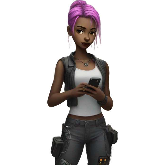 Cyberpunk girl standing with phone on the farm emoji