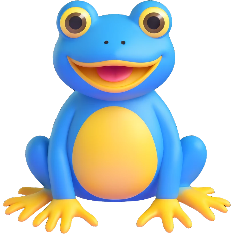 blue frog character, sitting, big yellow mouth, wide eyes, playful and friendly, silly and sweet expression, no accessories emoji