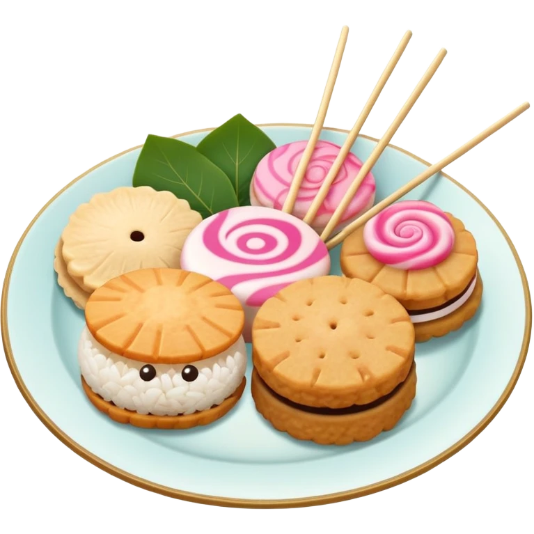 A combination of fish cake with pink swirl (narutomaki), rice cracker (senbei), and dango on a stick arranged together as a Japanese food plate emoji