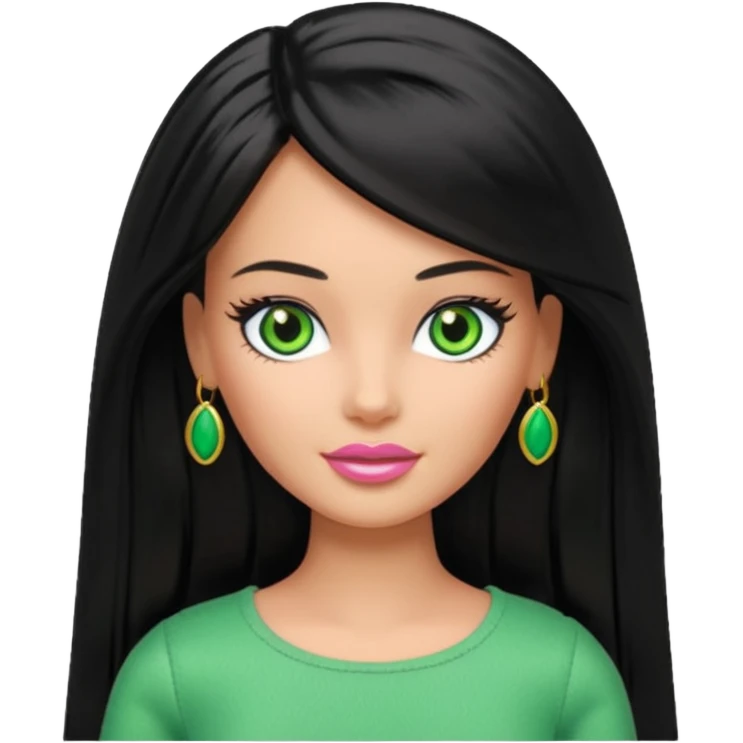 Barbie with olive skin, long black straight hair and green eyes emoji