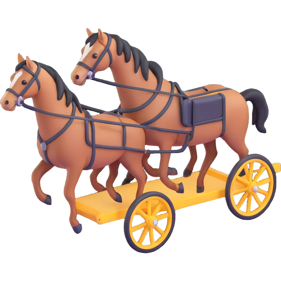 two horses pulling a cart, isometric view emoji