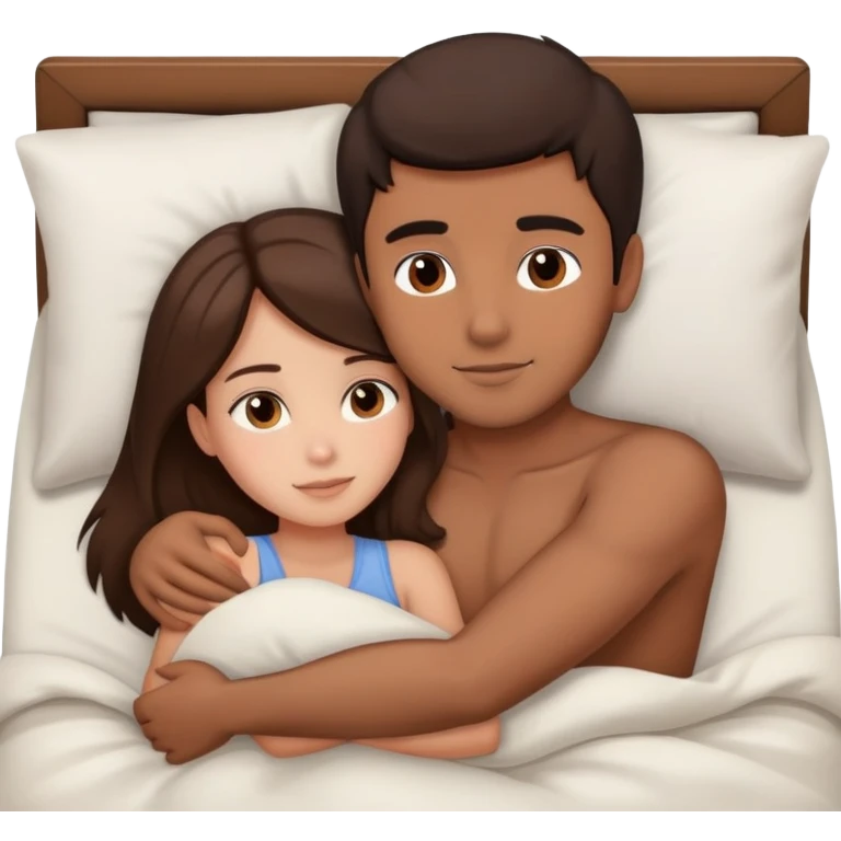 Brunette girl and brown boy cuddling in bed emoji