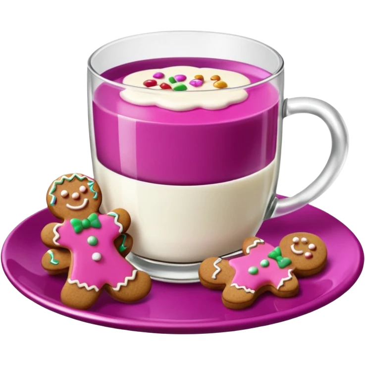 A glass of milk sits on a magenta saucer with gingerbread cookies. emoji
