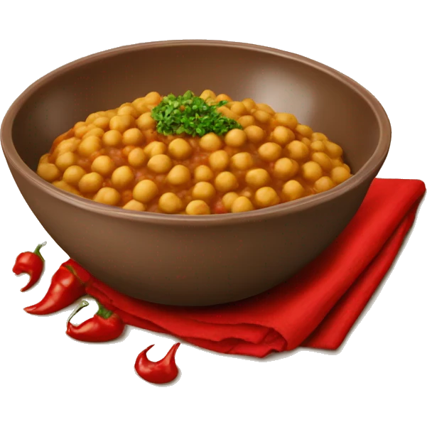 large brown bowl with chickpea chole bhature and red pepper emoji