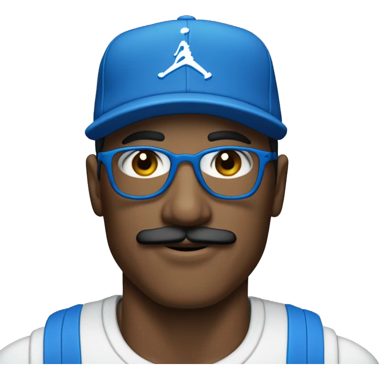 Homme peau blanche avec une moustache portant des lunettes bleues , une casquette jordan bleu , un survêtement bleu emoji