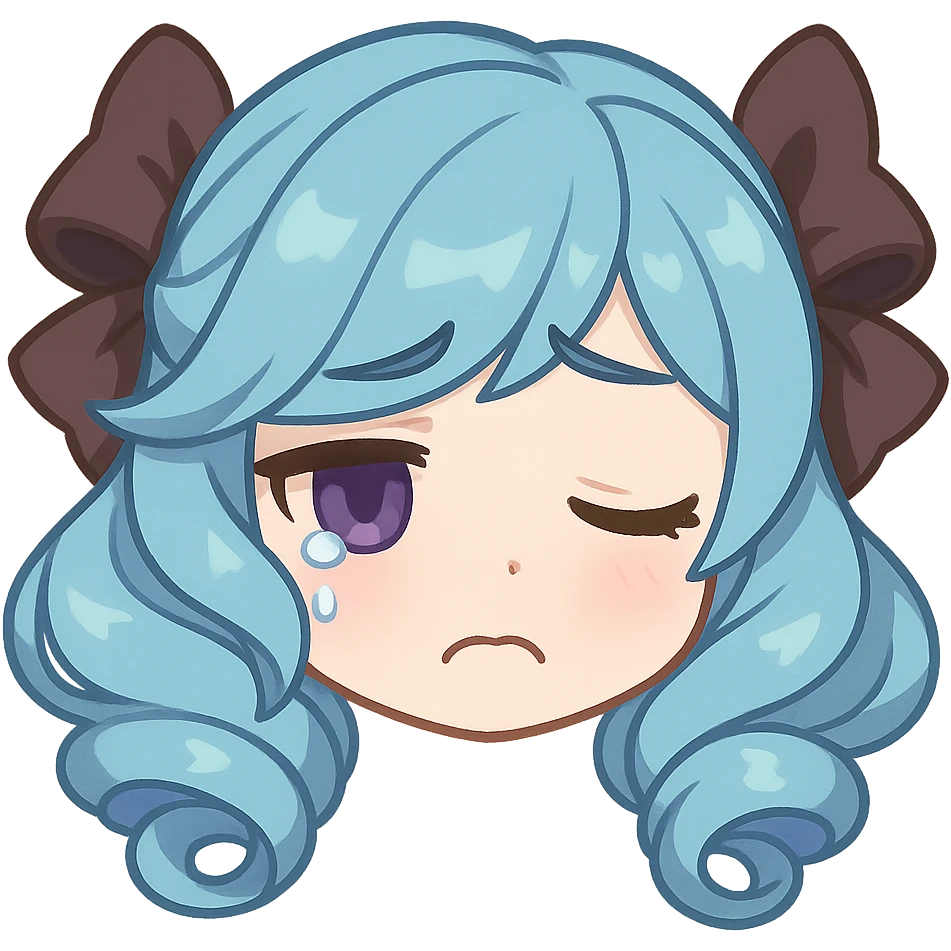 Gwen from League of Legends, chibi style, only head, borderless, right eye purple, both eyes same size, sad emote 4 emoji