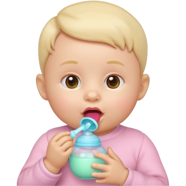 Apple-style 3D emoji of a cute baby sucking on a pacifier or drinking from a baby bottle, round face, soft pastel colors, cheerful and gentle expression, clean white background emoji