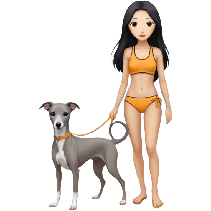 Slim Chinese woman with long black hair in appropriate beach attire at the beach with her completely solid grey Italian greyhound, ocean and sand visible, the dog has absolutely no white markings anywhere emoji