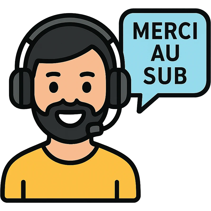 A smiling person with black hair, brown eyes, and a black beard wearing a gaming headset saying "merci au SUB" emoji