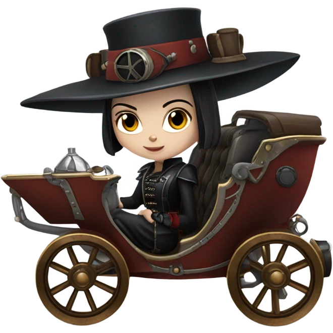 Wednesday Addams Jedi bounty hunter sitting in a modern blue,red and pewter steampunk electric luxury carriage  emoji