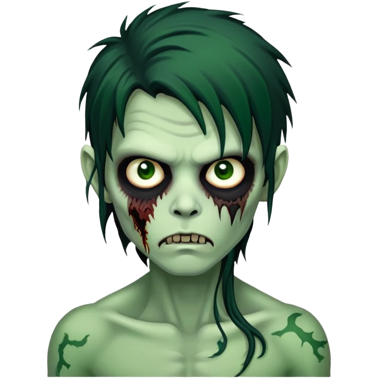 brunette zombie boy with horror green skin and long messy black hair emoji
