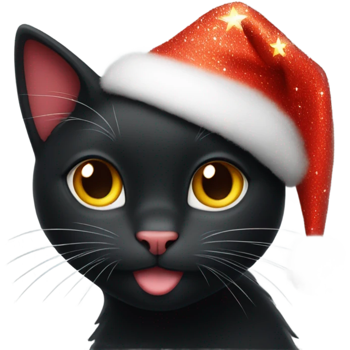 Sparkly black cat wearing a star a red Christmas hat emoji