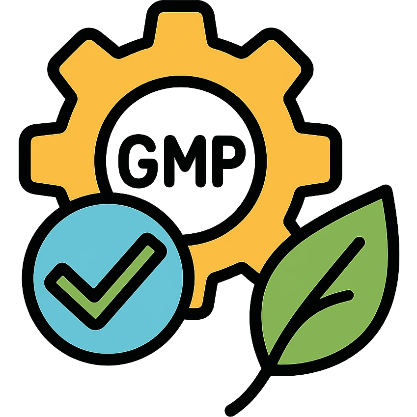 Good Manufacturing Practices icon for supplements, with a gear, checkmark, and leaf, symbolizing quality and safety, simple and bold emoji
