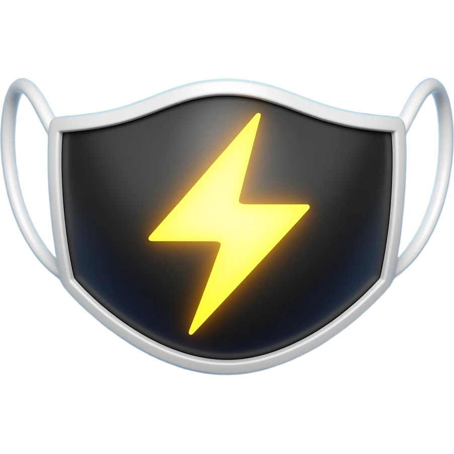 black 3D face mask emoji, curved shape, glowing yellow zigzag lightning pattern, neon glow, smooth matte material, simple futuristic style, sticker with thick white outline, centered, blue gradient background, clean 3D emoji, vibrant, soft lighting emoji