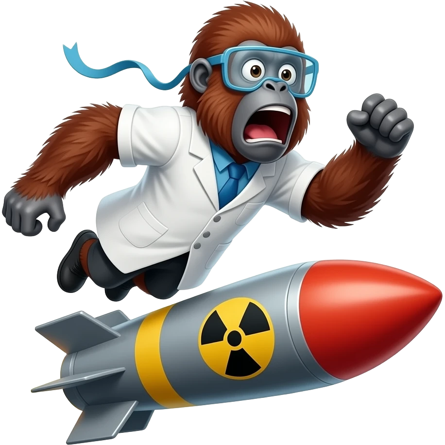 орангутанг науковець летить на ядерній ракеті, ледь не вилітаючи з неї, шерсть розвивається вітром, вона в шоці, кричить emoji