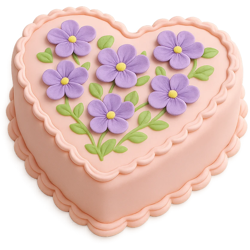 heart-shaped fondant cake with piped violets emoji