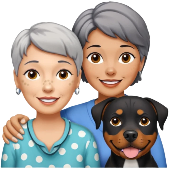 Pit bull Rottweiler mix with white muzzle and spots on muzzle next to older woman with really short grey hair emoji