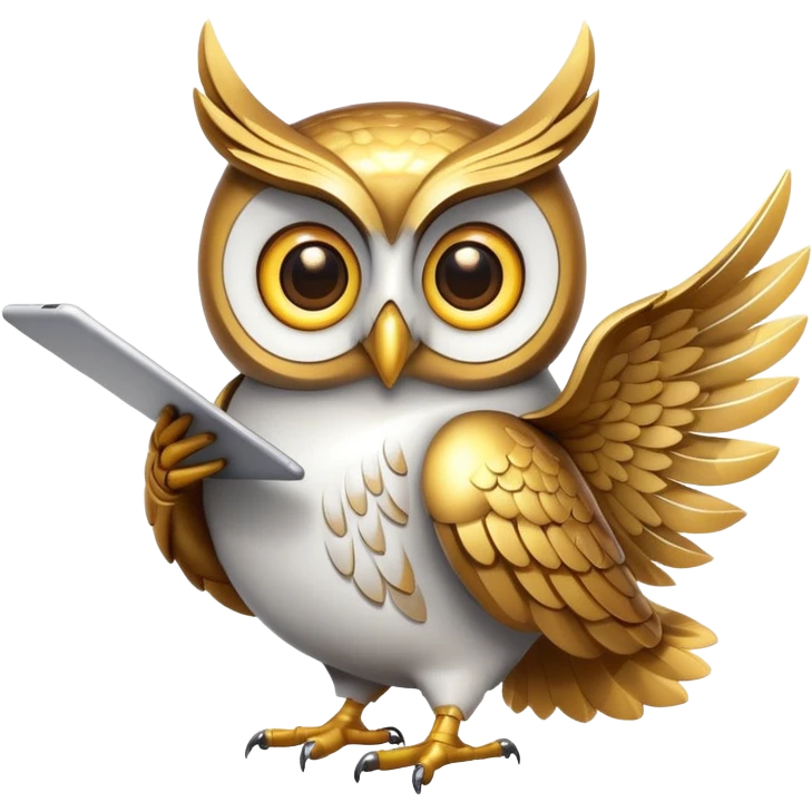 golden owl with shiny feathersu. Holds a Mac in the wing emoji