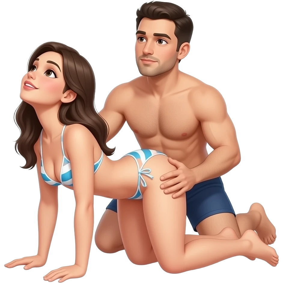 fille à quatre pattes en bikini la tête en arrière, jambes écartées avec un homme en slip derrière elle qui tiens le coup de la femme  avec une main sur la hanche de la femme emoji