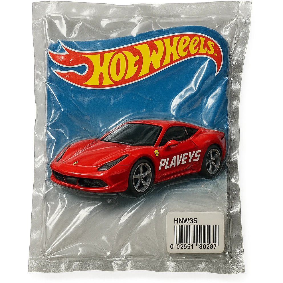 Hot Wheels blister pack with red Ferrari, 'PLAVLEYS' in bold slanted racing letters on the car, shiny and inflated vacuum-sealed style emoji