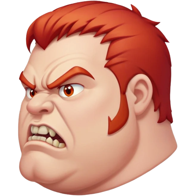 young angry fat man in profile view with red hair and fangs emoji