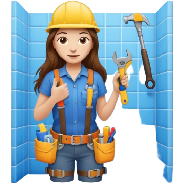 beautiful girl with long brown hair constructing new bathroom area with new shower and amenities  emoji