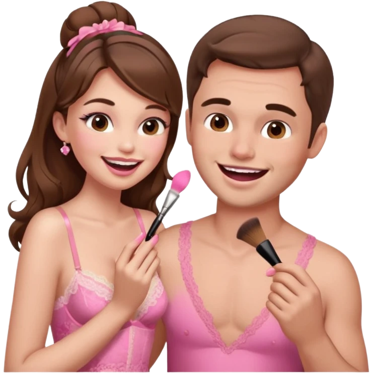 brown hair male getting sissified in pink lingerie dress by his wife. the wife is laughing. she is doing makeup emoji