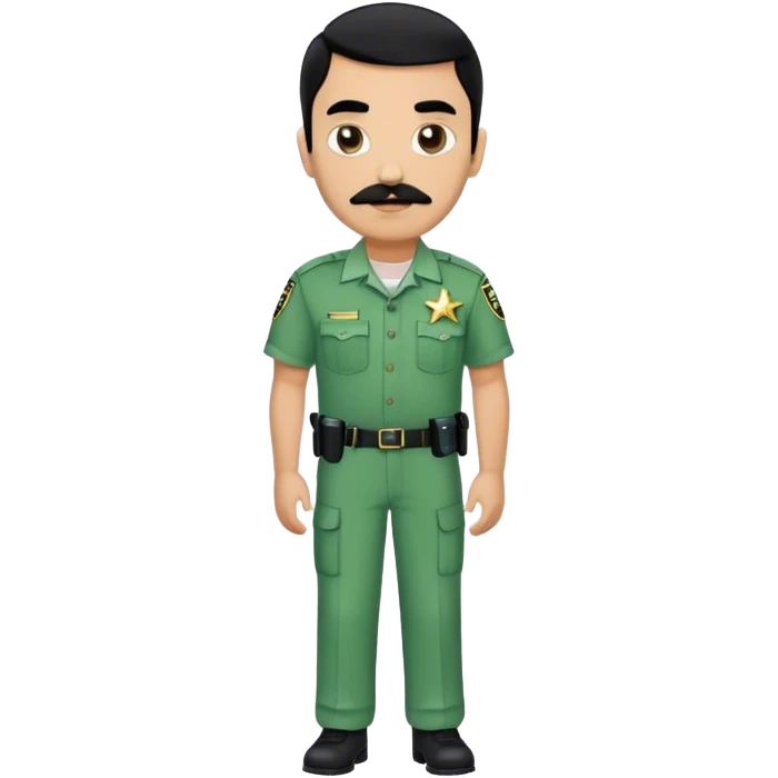Chill guy in correctional officer green uniform. Full body. Black hair black mustache.  Light brown kin tone. Star badge  emoji