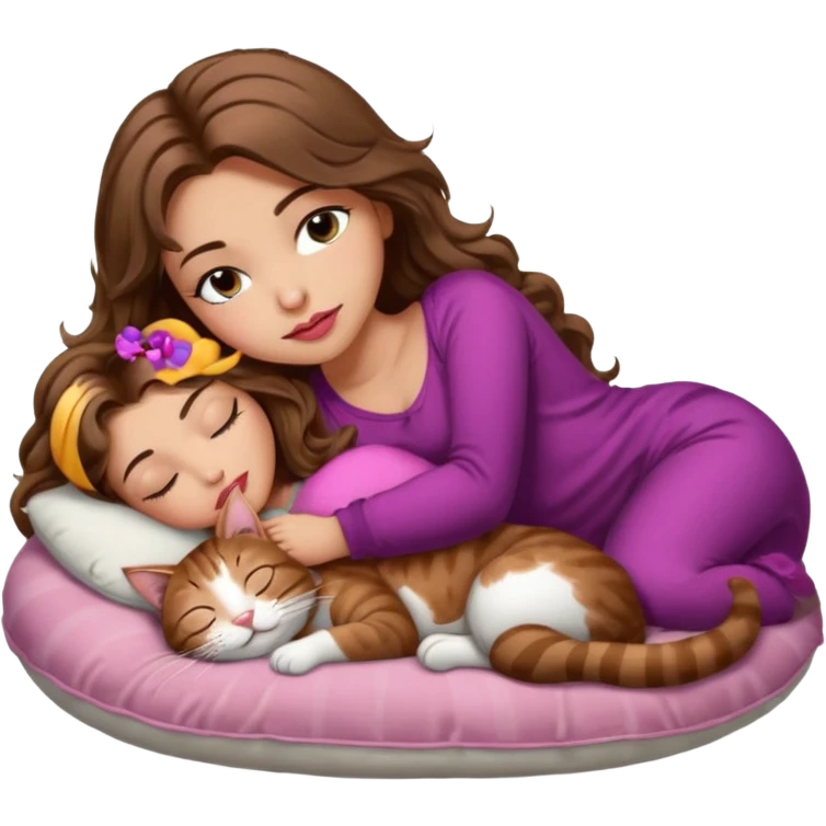girl with long wavy brown hair, brown eyes, long lashes makeup, sexy pink lips, light to medium complexion,  sleeping on a cozy pillow, with brown tabby cat, sleeping emoji