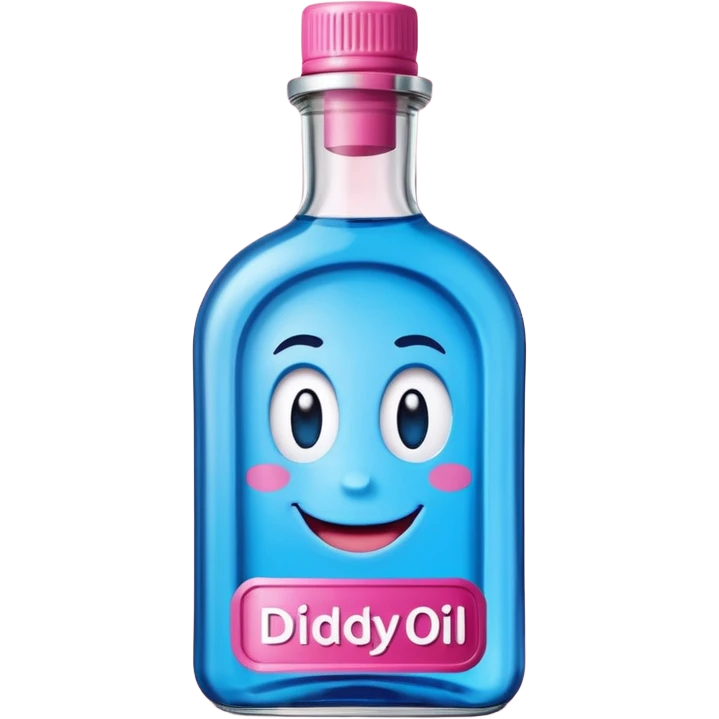 Smiling bottle of oil blue top pink outside with logo that says diddy oil emoji
