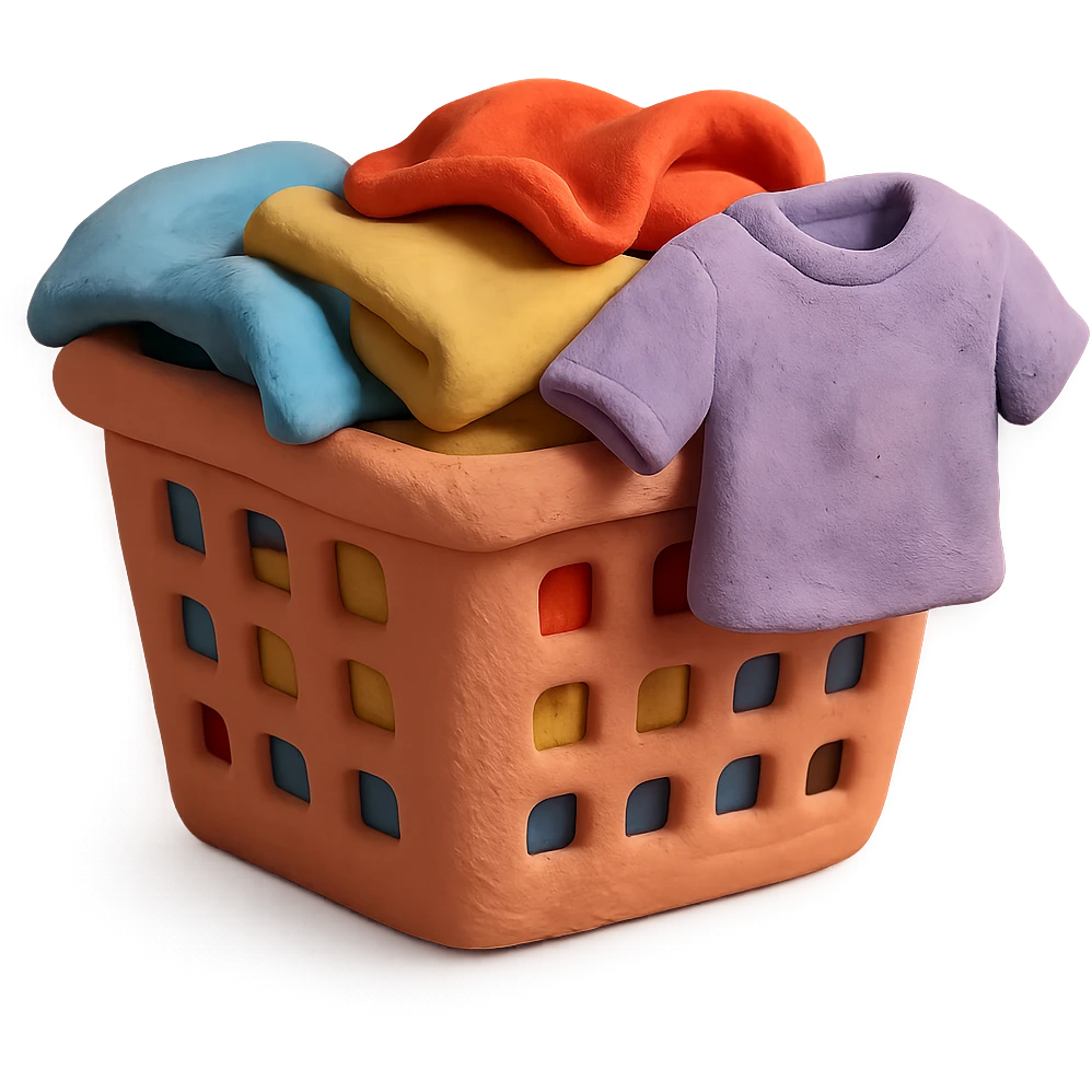 laundry basket with towels and shirts peeking out, pastel colors, claymation style emoji